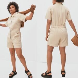 Everlane The Denim Short Coverall romper dune beige zipper cargo jumpsuit Size 4